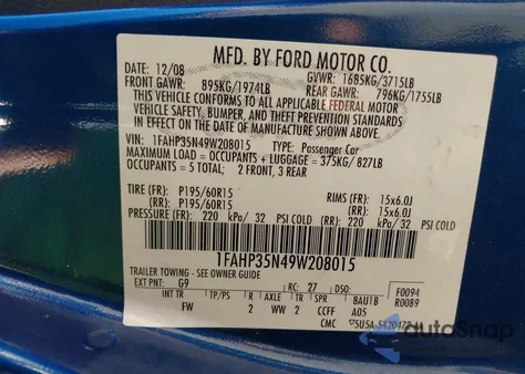 2009 Ford Focus Se z USA, uszkodzony, nr VIN 1FAHP35N49W208015